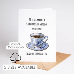Tarjeta de aniversario de bodas de porcelana Tarjeta de aniversario de 18 años Tarjeta romántica imprimible de 18 años de casados Tarjeta de aniversario dulce imprimible