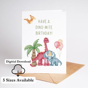 Cartão de aniversário de dinossauro em aquarela para impressão Cartão de aniversário de dinossauro para criança Dino-mite Fofo Dino Sobrinha ou Sobrinho Imprimir em casa PDF Download