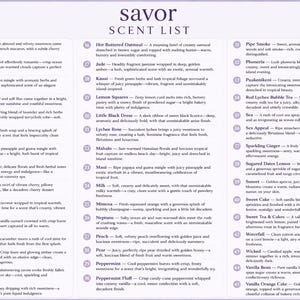 May include: A white informational chart titled Savor Scent List featuring forty-five numbered entries. Each entry includes a scent name followed by a brief descriptive text detailing the fragrance notes, arranged in three columns on a light background.