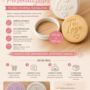 Puede incluir: Imagen promocional de sellos y cortadores de galletas personalizados. Muestra un cortador de plástico blanco, una galleta sellada con un logotipo y una galleta con impresión de logotipo. Tamaños de 4,5 cm a 10,5 cm.