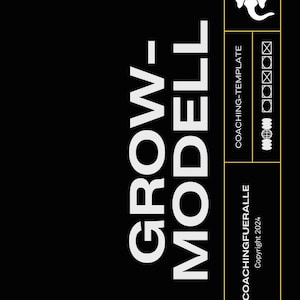 Può includere: Un grafico in bianco e nero con il testo "GROW-MODEL" in bianco, con un bordo giallo attorno al testo. Il testo "COACHING-TEMPLATE" è in giallo sul lato destro dell'immagine. Il testo "@COACHINGFUERALLE" e "Copyright 2024" sono in giallo nell'angolo in basso a destra dell'immagine.