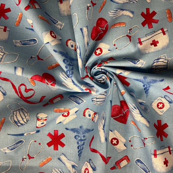 Nurse Doctor First Responders Doctor Medical Light Blue Fabric Fat Quarter Pre-Cut Quilting Fabric