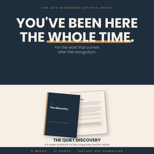 May include: A navy blue graphic with the text "YOU'VE BEEN HERE THE WHOLE TIME." and "THE QUIET DISCOVERY" with a workbook and loose leaf paper. The workbook is titled "The discovery."