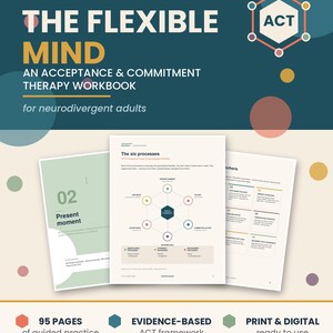 May include: A workbook titled "The Flexible Mind" with the subtitle "An Acceptance & Commitment Therapy Workbook for neurodivergent adults." The cover is teal with white and yellow text. Inside are pages with diagrams and text. The workbook has 95 pages of guided practice.