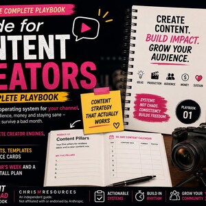 May include: A spiral-bound workbook titled Claude for Content Creators: The Complete Playbook, featuring a 30-day content calendar, a yellow sticky note with text, a black camera, and a pen. The cover displays text about building impact.