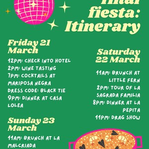 K&ouml;nnte beinhalten: Ein gr&uuml;ner Poster mit einer rosa Discokugel und dem Text "Amy's final fiesta: Itinerary". Der Poster listet Veranstaltungen f&uuml;r Freitag, den 21. M&auml;rz, Samstag, den 22. M&auml;rz und Sonntag, den 23. M&auml;rz auf.
