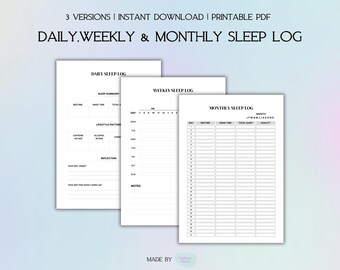 Daily, Weekly&Monthly Prinatable Sleep Tracker | Sleep Journal | Sleep Log | Health Planner Insert | A4 A5 US Letter Size | Digital Download