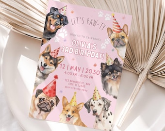 Editable Pink Girl Dog Birthday Invitation, Puppy Party Invite, Lets Pawty Invitation, Animal Birthday, Pet Party, Instant Download