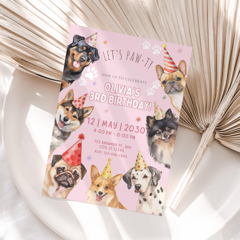 Editable Pink Girl Dog Birthday Invitation, Puppy Party Invite, Lets ...