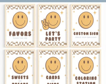 One Happy Dude Birthday Party Sign Bundle, Editable Retro Cool Boy Table Decor 1st Birthday Minimal Smile Face Printable Food Drink Signs