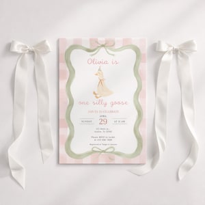 May include: A rectangular birthday invitation card featuring a light pink and white checkered background, a central illustration of a goose wearing a party hat, and a sage green ribbon border. The text reads Olivia is one silly goose.