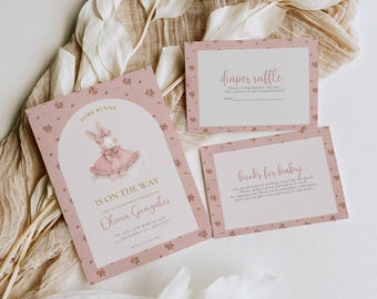 Coquette vintage roze strik babyshower uitnodiging, er is een konijntje onderweg nodigen, babyshower uitnodigen, boho, bloemen, vintage, konijntje, Pasen