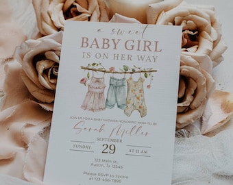 Boho Girl Clothesline Baby Shower Invitation, Boho Baby Clothes, Boho Clothesline It’s a Girl Invite, Floral Baby Clothes Template, Digital