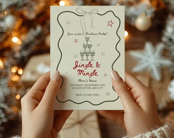 Hand Drawn Christmas Party Invitation, Jingle and Mingle Christmas Party Invite, Christmas Cocktail Party, Coquette, Editable Template
