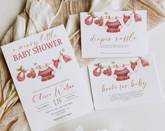 May include: Baby shower stationery set with a Christmas theme. The invitation reads "a merry little BABY SHOWER" with details for Olivia Watson. Cards include "diaper raffle" and "books for baby".