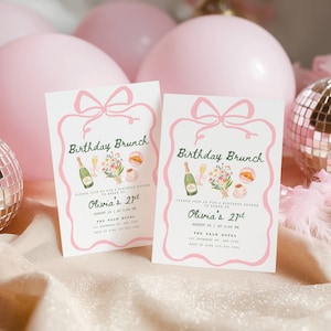 May include: Two white birthday brunch invitations with pink accents and a bow design. The invitations include the text "Birthday Brunch" and "Olivia's 21st". The invitations are decorated with illustrations of champagne, flowers, and pastries.
