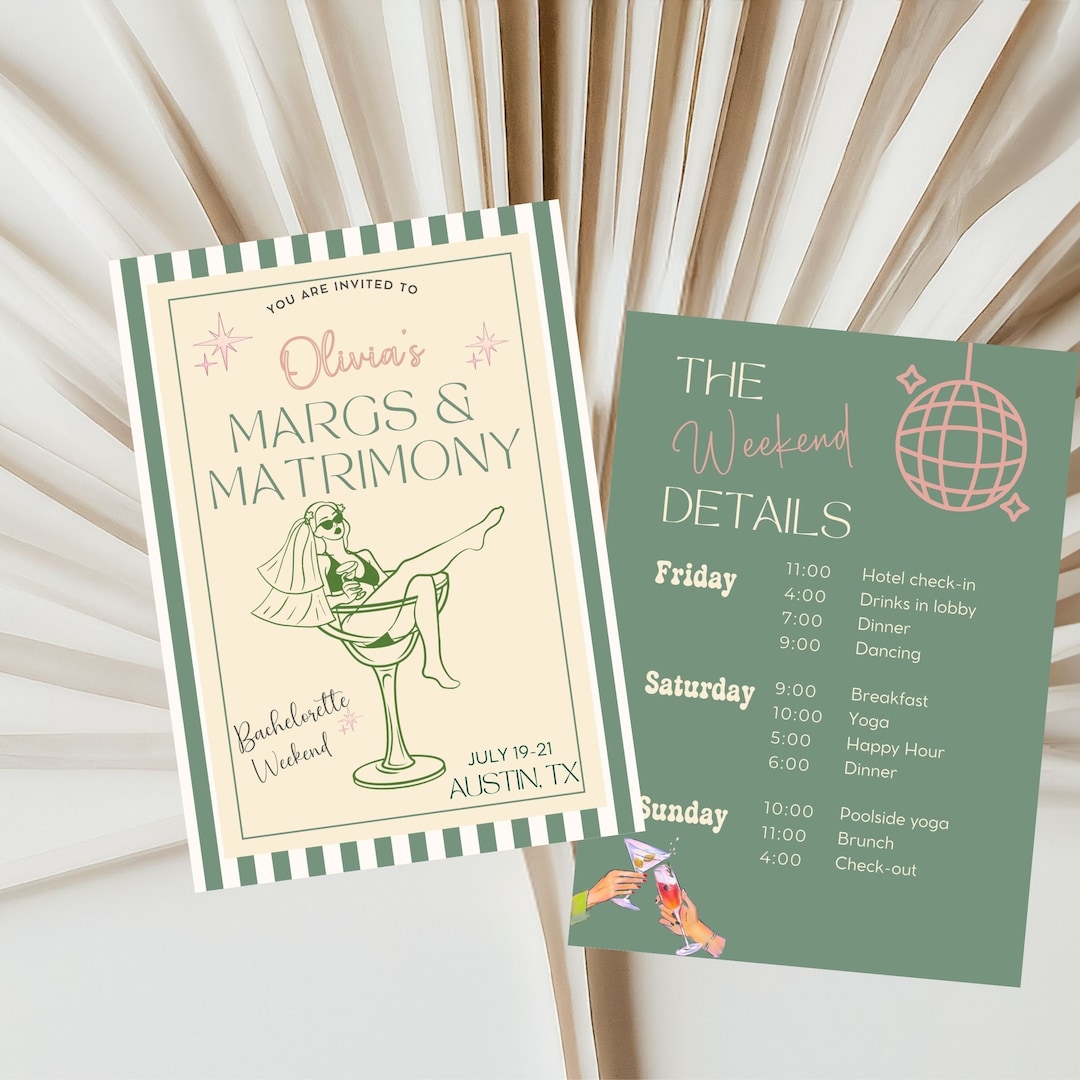 Margs and Matrimony Bachelorette Invitation Template, Itinerary (canva ...