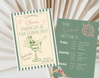 Margs and Matrimony Bachelorette Invite Template, Margs and Matrimony Itinerary, Bachelorette Weekend Invitation, Canva Template