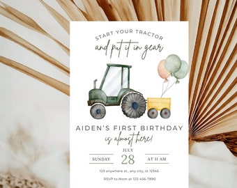 Editable Green Tractor Birthday Invite, Tractor Birthday Invitation, Boy 1st Birthday Invite, Farm Theme, Digital Download