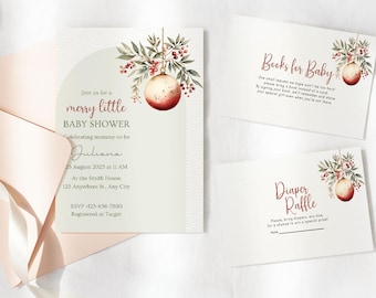 Könnte beinhalten: Eine grüne und rote Weihnachts-Babyparty-Einladung mit einer Aquarell-Illustration eines roten Baumes mit Stechpalme und Grün. Die Einladung lautet "Feiern Sie mit uns eine fröhliche kleine Babyparty zur Feier der werdenden Mama Juliana".