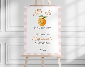 May include: A pink and white gingham baby shower welcome sign with a smiling orange illustration and the text "a little cutie is on the way. Welcome to Stephanie's Baby Shower 10.13.24"
