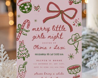Christmas Girls Night In Invite, Hand Drawn Christmas Invitation, Christmas Bow Party Invite, Editable Christmas Coquette Invitation