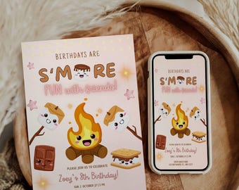 May include: A pink and brown birthday invitation with a campfire and s'mores theme. The invitation says "Birthdays are S'more Fun with friends!" and includes the text "Please join us to celebrate Zoey's 8th Birthday!" with the date and time of the party.
