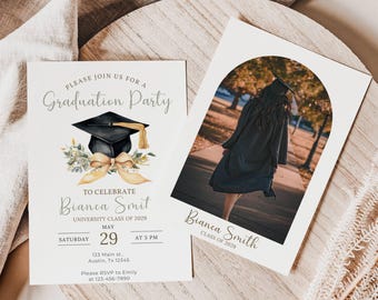 Plantilla editable de graduación 2025, anuncio de graduación minimalista, invitación de graduación con flores silvestres, anuncio de graduación bohemio