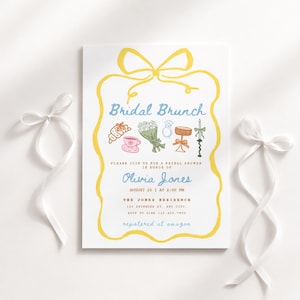 May include: A white invitation card for a bridal brunch, with a yellow bow design and illustrations of brunch-related items. The text includes the event details and the name "Olivia Jones."
