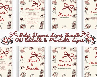 May include: A set of ten baby shower signs with a cream background and red illustrations. Each sign features a red bow, pizza, pasta, wine, and a scooter. The signs include text such as "Favours" and "Food & Drinks".