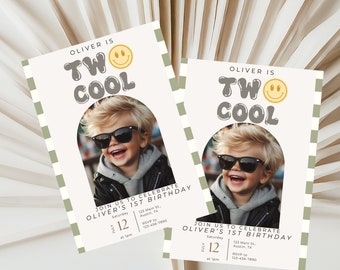 Two Cool Birthday Invitation Template, Digital Download, Boy 2nd Birthday, Happy Face Birthday Invite, Checkered Invite, Editable Invitation