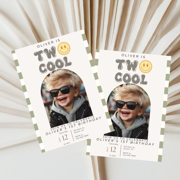 Dos plantillas de invitación de cumpleaños geniales, descarga digital, segundo cumpleaños de niño, invitación de cumpleaños con cara feliz, invitación a cuadros, invitación editable