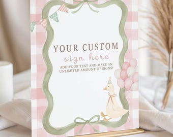 Editable Custom Sign Template, Custom First Birthday Sign, Favors, Gifts and Cards, Printable Table Signs, One Silly Goose, Cottagecore