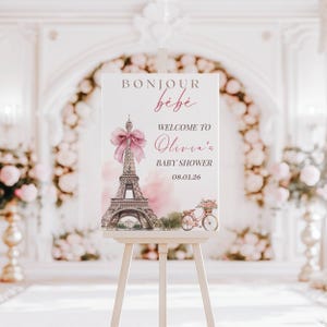 18x24 Bonjour Bebe Shower Welcome Sign, Bonjour Bebe Baby Shower, Eiffel Tower, Parisian Cafe, Paris Baby Shower, Pink Bow, Welcome Poster