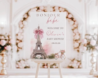 18x24 Bonjour Bebe ベビーシャワー ウェルカムサイン、Bonjour Bebe ベビーシャワー、エッフェル塔、パリのカフェ、パリのベビーシャワー、ピンクのリボン、ウェルカムポスター
