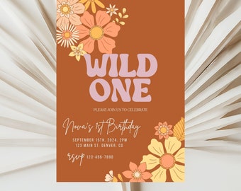 Editable Wild One Boho 1st Birthday Party Invitation, Editable Wildflower Birthday Party Invite, Boho Girl Wild One, Invitation Template