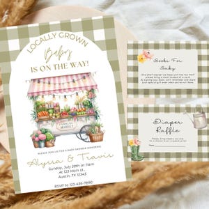 Set per baby shower di produzione locale, pacchetto modificabile autonomamente, invito per baby shower al mercato degli agricoltori, baby shower al mercato degli agricoltori di campagna, picnic, verdure