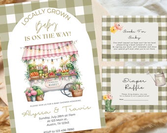 Locally Grown Baby Showers Set, Self Editable Bundle, Farmers Market Baby Shower Invite, Country Farmers Market Baby Shower, Picnic, Veggies