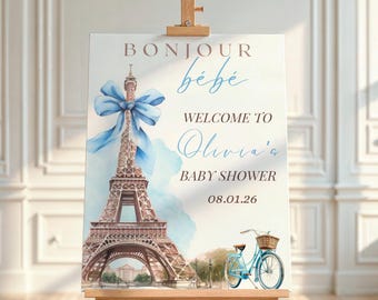18x24 Bonjour Bebe シャワー ウェルカム サイン、Bonjour Bebe ベビーシャワー、エッフェル塔、パリのカフェ、パリ ベビーシャワー、ボヘミアン、ブルーのリボン、ポスター
