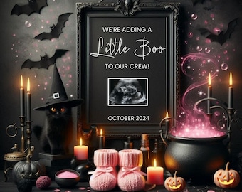 Digitalt graviditetsmeddelande för Halloween, tillkännagivande för flicka i Halloween, tillkännagivande för bebis i sociala medier, Facebook, Instagram
