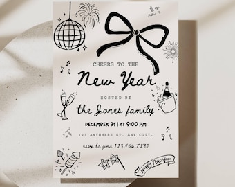 New Year’s Eve Party invitation, Editable Hand Drawn Cheers to the New Year Invite Template