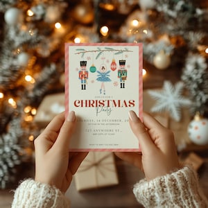 May include: A pink and white striped Christmas party invitation featuring a festive illustration of a ballerina and two nutcracker soldiers. The text reads "Join us for a Christmas Party" and includes the date, time, and location of the event.