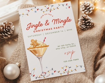 Könnte beinhalten: Eine Weihnachtsfeier-Einladung mit einem festlichen Design, das einen Lebkuchenmann auf einem Cocktail zeigt. Die Einladung lautet "Jingle & Mingle Christmas Party" mit Datum und Uhrzeit der Party. Der Text enthält auch die Adresse und RSVP-Informationen.