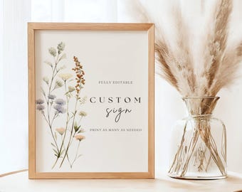 Wildflower Benutzerdefiniertes Zeichen, Floral benutzerdefiniertes Zeichen, Boho Wildflower Hochzeit bearbeitbares Zeichen Vorlage, Baby-Dusche-Zeichen, Sofort-Download