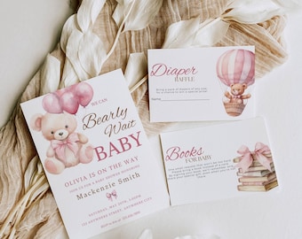 We Can Bearly Wait Baby Shower Invitation Set, Boho Teddy Bear Bundle, Minimalist Baby Shower Invite, Girl Pink Teddy Bear Baby Shower