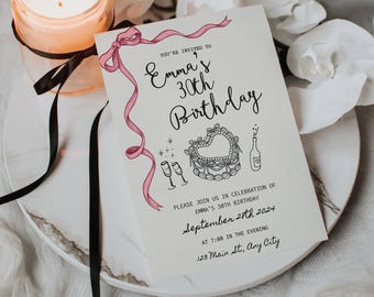 Retro Cake Birthday Invitation, 30th Birthday Invite, Vintage 21st Birthday Invite, Heart Cake Invite,Coquette Invite,Scribble Illustrations