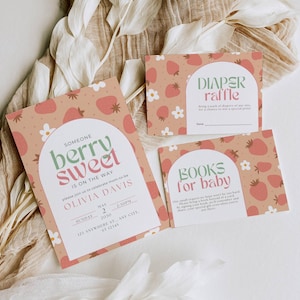 Editable Berry Sweet Baby Shower Invitation Set, Berry Sweet Baby Shower Blush Berry, Berry Sweet Invitation, Strawberry Baby shower Invite