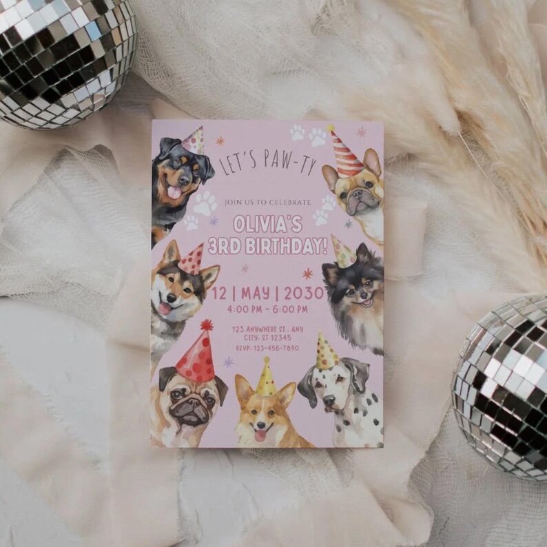 Editable Pink Girl Dog Birthday Invitation, Puppy Party Invite, Lets ...