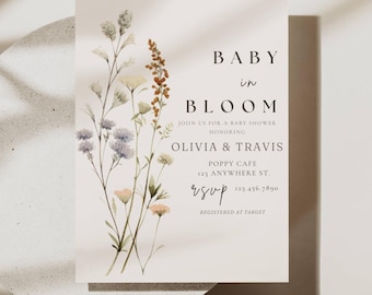 Baby In Bloom Invitation, Baby Shower Invitation Template, Floral Spring Summer Baby Shower