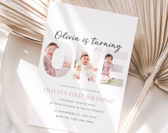 Invitación editable para primer cumpleaños, diseño minimalista con foto (descarga digital)